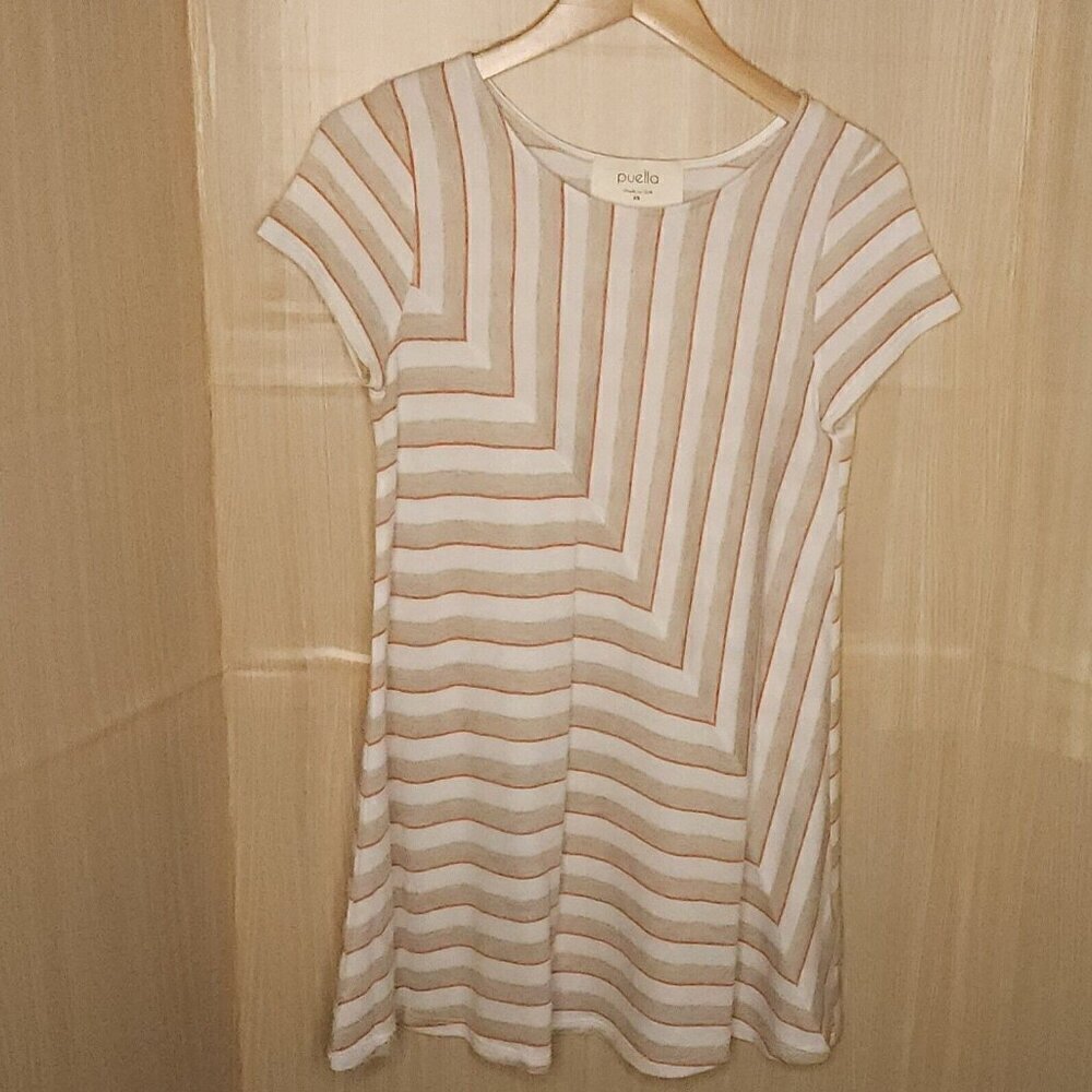 Puella Anthropologie Soft Tan Cream Striped Stretchy Shirt Dress XS